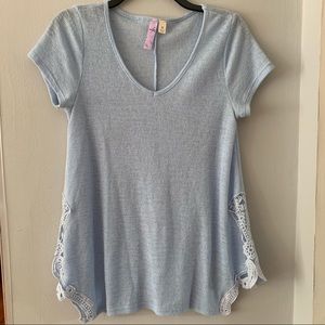 Francesca’s Alya Light Blue Shirt with Lace Trim